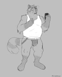 absurd_res anthro arm_tuft belly bodily_fluids bulge cellphone clothing corruptedsnout dripping elbow_tuft electronics facial_hair facial_tuft fangs feet genital_fluids goatee grey_background greyscale hi_res holding_cellphone holding_object holding_phone holding_smartphone jockstrap male mammal manly monochrome musclegut muscular muscular_arms muscular_legs pecs phone precum precum_drip procyonid raccoon shirt shoulder_tuft simple_background slightly_chubby smartphone smile solo standing taking_picture taking_selfie tank_top teeth topwear tuft underwear waking_up white_clothing white_shirt white_tank_top white_topwear