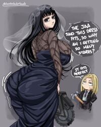 1girls ass ass_in_dress big_ass black_hair bubble_butt dat_ass dialogue dress fat_ass female huge_ass large_ass osaragi_(sakamoto_days) sakamoto_days teatotalerlewds text thick_ass thick_thighs wide_hips