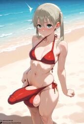 1futa ai_generated beach bikini blush erection_under_clothes futa_only futanari huge_cock maka_albarn self-upload soul_eater starskyai