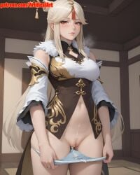 1girls ai_generated artifical_art big_breasts clitoris cum cum_on_panties cum_on_pussy female genshin_impact hair_ornament hairpin long_hair mature_female ningguang_(genshin_impact) panties panties_down perfect_body presenting_pussy pussy red_eyes white_hair