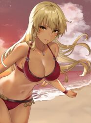 1girls absurdres alternate_costume beach bikini blonde_hair blush breasts cleavage commission dark-skinned_female dark_skin female fire_emblem fire_emblem:_the_binding_blade haru_(nakajou-28) highres igrene_(fire_emblem) large_breasts long_hair looking_at_viewer mole mole_under_eye nintendo ocean red_bikini red_swimsuit skeb_commission smile solo solo_female sunset swimsuit yellow_eyes