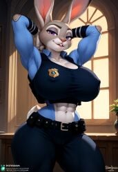 1girls ai_generated alternate_body_typ alternate_breast_size anthro big_breasts breasts bunny bunny_ears cleavage disney female female_only grey_body grey_fur huge_breasts judy_hopps large_breasts patmmp0102 purple_eyes sideboob solo underboob zootopia