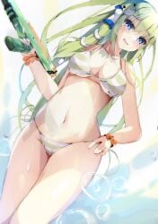 bikini blue_eyes breasts cleavage commentary_request female frog_hair_ornament green_bikini green_hair hair_ornament hair_tubes hand_on_own_hip highres holding holding_water_gun kochiya_sanae large_breasts long_hair looking_at_viewer mikan923 navel open_mouth snake_hair_ornament solo striped_bikini striped_clothes swimsuit touhou water_gun white_bikini