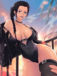 belly_button big_ass big_breasts black_hair blue_eyes braided_hair child_bearing_hips choker cleavage clothing female female_only goth goth_girl jacket long_hair nico_robin one_piece opalisart open_jacket shorts slim_waist sunset tall_female tall_girl thick_thighs thighhighs tight_clothing tight_fit wide_hips