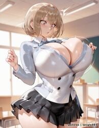 1girls ai_generated atlus blush breasts brown_hair cleavage devil_survivor_2 embarrassed female hips huge_breasts io_nitta light-skinned_female light_skin lucyla megami_tensei nitta_io school_uniform schoolgirl shin_megami_tensei solo thick_thighs thighs wardrobe_malfunction who wide_hips