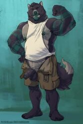 2025 2:3 anthro arm_tattoo arm_tuft armpit_hair balls barefoot belly biceps blue_background body_hair bottomwear bruteandbrawn canid canine canis chest_tattoo clothing elbow_tuft erection facial_hair feet flexing flexing_bicep foreskin genitals glans goatee hair hand_on_hip hi_res looking_at_viewer male mammal manly mature_male moustache muscle_shirt musclegut muscular nipple_piercing nipples pecs penis penis_poking_out piercing pubes purple_penis shirt shorts simple_background slightly_chubby solo standing tank_top tattoo teal_glans teal_hair teal_nipples teal_tattoo topwear triceps tuft wolf