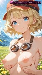 1girls 2025 ai ai_assisted ai_generated anime anime_style bangs blonde_hair blue_eyes blue_sky blush breast_lift breasts bust busty cindy_aurum closed_mouth cloud collarbone day erect_nipples female female_focus female_only female_solo field final_fantasy final_fantasy_xv flower flower_field goggles goggles_around_neck goggles_on_headwear grabbing_own_breast hat hentai hi_res high_quality high_resolution highres lips looking_at_viewer medium_breasts mountain mountainous_horizon natsuyoru nipples nipples_outside nude nude_female outdoors patreon petals plant red_headwear short_hair sky smile solo solo_female stable_diffusion sun uncensored_nipples upper_body voluptuous voluptuous_female yellow_flower