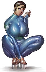 1girls 2021 agent_honeydew big_breasts bodysuit breasts cartoon_network dexter's_laboratory ear_piercing earrings eyelashes female female_focus female_only high_heels huge_breasts large_breasts latex latex_suit lipstick looking_at_viewer ph short_hair simple_background solo solo_female solo_focus squatting thick_thighs very_short_hair white_background wide_hips