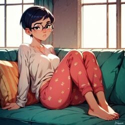 1girls ai_generated carmen_sandiego_(2019) carmen_sandiego_(franchise) clothing female female female_focus female_only glasses julia_argent julia_argent_(carmen_sandiego) pajamas pjs short_hair sitting sitting_on_couch solo solo_female solo_focus window zupern0va_(manipper)