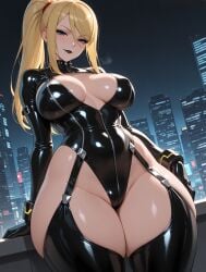 1girls ai_generated big_breasts black_clothing black_lipstick blonde_hair blue_eyes breasts female female_only goth goth_girl goth_makeup hips joocass latex leather metroid samus_aran skimpy stable_diffusion thick thick_thighs thighs wide_hips