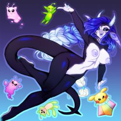 ambiguous_gender anthro black_body blue_eyes blue_hair breasts crystal-for-ever dragon fangs female female_only group hair horns nipples open_mouth open_smile simple_background smile solo tail tongue two_tone_body two_tone_hair white_body white_hair