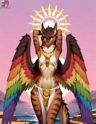 ai_generated big_wings breasts brown_fur criss-cross_halter feathered_wings female furred_dragon glowing_eyes gold_eyes halo hands_behind_head loincloth mythological_creature mythology pink_sky quetzalcoatl rainbow_wings small_breasts snake_dragon solo striped_body sun_halo sunrise underboob zorkpics