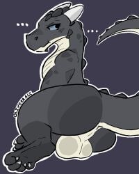 4:5 anus ass backsack balls dragon feet feral genitals grey_body grey_scales hi_res male mythological_creature mythological_scalie mythology oliverracc scales scalie solo