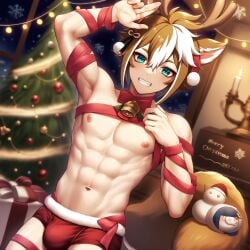 1boy abs ai_generated bell_collar bulge bulge_through_clothing christmas christmas_present christmas_tree dog_boy dog_ears dog_tail genshin_impact gift gift_box gift_wrapped gorou_(genshin_impact) male male_focus male_only muscular muscular_male shirtless shirtless_male solo_male toned toned_body toned_male wrapped yaoi