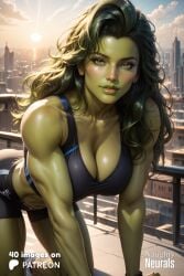 abs ai_generated big_breasts breasts female_only green_eyes green_hair green_skin huge_breasts jennifer_walters large_breasts marvel marvel_comics muscular muscular_female naughty_neurals she-hulk solo_female thick_thighs wide_hips