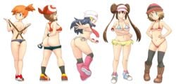 1girls alternate_breast_size alternate_outfit ass ass_cleavage back big_ass big_breasts blush boots bottomless brown_hair butt_crack dawn_(pokemon) eye_contact female female_focus female_only fit from_behind hair_ornament human kasumi_(pokemon) large_breasts legs_together looking_at_viewer looking_back may_(pokemon) may_(pokemon_rs) nintendo orange_hair pants_down pokemon pokemon_bw2 pokemon_rgby pokemon_rse rosa_(pokemon) serena_(pokemon) shoes short_hair shorts sideboob smile smiling suspenders take_your_pick tof topless