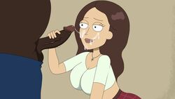 1boy 1girls big_breasts breasts brown_hair crop_top cross_necklace cum cum_on_face dark-skinned_male dark_skin fat_man female ferdafs handjob interracial light-skinned_female male penis rick_and_morty rick_and_morty:_a_way_back_home smirk teacher teacher_and_student tricia_lange unseen_male_face