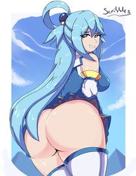 aqua_(konosuba) ass bare_ass blue_hair goddess grin kono_subarashii_sekai_ni_shukufuku_wo! scribbleshentai smug