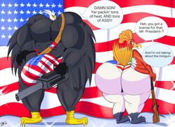 2boys accipitrid accipitriform american_flag anthro ass ass_focus avian bald_eagle balls_outline big_ass big_butt big_muscles bird butt butt_focus dialogue digital_media_(artwork) duo eagle finalofdestinations flag flag_panties gigantic_ass gigantic_butt gun hi_res ho-oh huge_ass huge_butt huge_muscles male male/male male_only male_thong muscles muscular_male panties pecs penis_outline pokemon politics president sea_eagle text thick_thighs underwear weapon