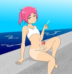 bangs bikini_top blush deepbootykid erection feet_out_of_frame femboy flat_chest hair_ornament male nipples original_character penis pink_hair ponytail popsicle short_hair sitting tanline water wet