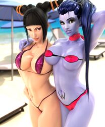 3d adeptusinfinitus beach bikini blender blue_hair blue_skin breasts dark_hair drill_hair hips juri_han micro_bikini midriff overwatch ponytail posing scarf seductive street_fighter street_fighter_v thong widowmaker