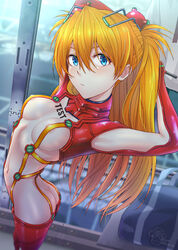 1girls areolae armpits arms_behind_head asuka_langley_sohryu blue_eyes blush bodysuit breasts clothing female hair_ornament hb-chimpanze human light-skinned_female light_skin long_hair looking_at_viewer medium_breasts multicolored_bodysuit neon_genesis_evangelion nipples orange_hair pilot_suit plugsuit pose posing rebuild_of_evangelion red_bodysuit sexy_armpits solo test_plugsuit