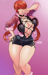 bare_legs big_breasts big_lips bolero breasts cleavage darkereve dress female female_focus female_only hair_over_eyes king_of_fighters large_breasts long_hair pinup pinup_pose pose posing puffy_lips red_hair shermie_(kof) short_dress skimpy_dress sleeves_rolled_up snk solo tagme thick_thighs wide_hips