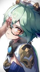 1boy 1boy1girl 1girls alternate_costume animal_ears bangs blunt_bangs blush censored censored_penis cum cum_in_hair cum_on_face cum_on_glasses cum_on_hair cumdrip cumshot embarrassed eye_contact eyewear facejob facial female female_focus from_side genshin_impact glasses green_hair hair_between_eyes hat hi_res high_resolution highres hizake jewelry kashu_(hizake) light-skinned_female light_skin looking_at_viewer looking_to_the_side mosaic_censoring multicolored_hair open_mouth orange_eyes penis penis_on_face semi-rimless_eyewear shiny shiny_hair short_hair sidelocks simple_background streaked_hair sucrose_(genshin_impact) sweatdrop two-tone_hair vision_(genshin_impact) white_background