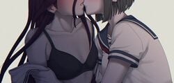 2girls blush bra clothed clothing color colored danganronpa danganronpa_ultra_despair_girls female female/female female_only fukawa_touko kissing naegi_komaru romantic short_hair small_breasts straight_hair suggestive undressing undressing_another white_background yumemi9603 yuri