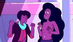 accurate_art_style alone_together_(steven_universe) cartoon_network casual duo edit embarrassed exhibitionism female gem_fusion human kevin_(steven_universe) party penis penis_out public public_exposure public_nudity screenshot_edit small_breasts standing steven_universe stevonnie topless