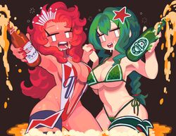 2girls beer big_breasts bikini breasts budweiser cleavage female_only gashi-gashi gijinka green_hair heineken mob_face multiple_girls red_hair swimsuit tagme