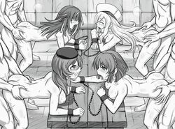 4boys 4girls ahe_gao bondage breasts chains clenched_teeth comic_pash! creampie crying crying_with_eyes_open cuffs cum_inside emt_squared female femsub from_behind gangrape handcuffs hat helen_(kuma_kuma_kuma_bear) kuma_kuma_kuma_bear liz_(kuma_kuma_kuma_bear) lurina_(kuma_kuma_kuma_bear) male maledom monochrome multiple_boys multiple_girls multiple_subs mylene_(kuma_kuma_kuma_bear) naked_hat nude rape sex straight table wrist_cuffs year_request yusaaoi