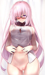 alternate_hair_length bottomless censored fate/grand_order fate_(series) mash_kyrielight megane nipples no_bra pussy pussy_juice see_through untsue