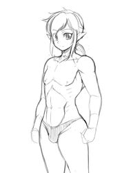 45acp bulge femboy link looking_at_viewer male monochrome nipples ponytail sketch solo solo_male speedo standing the_legend_of_zelda topless