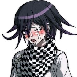 1boy blush clothed clothing color cum cum_on_eye cum_on_face cumshot danganronpa danganronpa_v3 edit furrowed_eyebrows light-skinned_male looking_at_viewer male male_focus male_only one_eye_closed open_mouth ouma_kokichi pale-skinned_male pale_skin purple_eyes purple_hair scarf solo solo_male sprite sprite_edit straight_hair sweat white_background