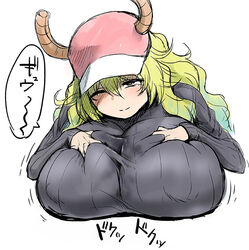 ahemaru baseball_cap big_breasts breast_grab breast_squeeze breasts dragon_girl dragon_horns female female_only green_hair groping_breasts groping_self hand_on_breast huge_breasts implied_paizuri long_hair looking_up mature_female milf miss_kobayashi's_dragon_maid nipple_bulge paizuri quetzalcoatl_(dragon_maid) solo solo_female sweater