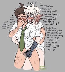 1boy 1cuntboy artist_name beige_skin blush brown_hair covering_mouth cuntboy danganronpa danganronpa_2:_goodbye_despair dialogue english_text gray_background green_eyes grey_background hairy hairy_arms hand_over_own_mouth hinata_hajime intersex leaking_precum leaking_pussy looking_at_partner male mechanical_arm monsterchamber nagito_komaeda open_smile pale_skin partially_clothed partially_nude pubic_hair rubbing_pussy simple_background smile smooth_skin standing standing_sex straight_hair text touching_pussy wet_pussy white_hair