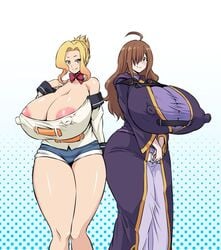 2girls ahemaru alternate_breast_size areola_slip big_breasts blonde_hair blush brown_hair cleavage curvy enormous_breasts erect_nipples gigantic_breasts hair_over_one_eye huge_breasts kono_subarashii_sekai_ni_shukufuku_wo! looking_at_viewer luna_(konosuba) massive_breasts mature_female nipple_bulge nipples_visible_through_clothing robes thick_thighs top_heavy wiz_(konosuba)