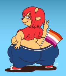 anthro ass_cleavage belly blush breasts butt_crack fat fawxen female female_focus female_only flag furry hips jeans lamb lammy_lamb lesbian_pride_colors looking_back pants pants_around_thighs parappa_the_rapper playstation pride_flag red_hair sheep short_hair short_shirt simple_background thick_thighs thighs thunder_thighs tight_clothing um_jammer_lammy wide_hips