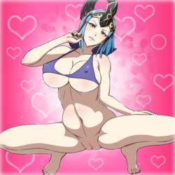 arete_(fire_emblem) bare_arms bare_legs bare_shoulders barefoot bikini black_nails blue_bikini blue_hair blush bottomless breasts cleavage covered_erect_nipples feet female fire_emblem fire_emblem_fates heart highres huge_breasts legs looking_at_viewer micro_bikini milf nail_polish navel nintendo no_panties parted_lips partially_visible_vulva seductive_smile short_hair simple_background smile solo squatting swimsuit thighs toes underboob yellow_eyes yuki_(12cut)