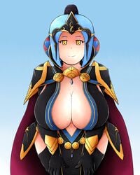 1girls arete_(fire_emblem) blue_hair breasts cape cleavage female fire_emblem fire_emblem_fates looking_at_viewer milf nintendo no_bra no_panties no_underwear revealing_clothes short_hair smile solo vitnacht yellow_eyes