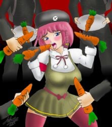 1girls 4boys allexxiss beatriz_(metal_slug) beret big_breasts black_gloves blue_eyes blush carrot dress gangbang green_dress long_socks looking_at_viewer meme metal_slug metal_slug_attack military military_uniform open_mouth pink_hair pink_socks pink_thighhighs rebel_army rebel_soldier_(metal_slug) red_background red_bow short_hair snk surrounded_by_carrots thighhighs white_jacket