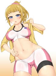 blonde_hair blue_eyes blush breasts female gundam gundam_build_fighters gundam_build_fighters_try hoshino_fumina looking_at_viewer nipple_bulge pussy simple_background sports_bra sportswear tagme yomomirin