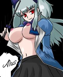 1girls allexxiss big_breasts black_shirt blue_jacket breasts breasts_out gray_hair happy happy_facial long_hair metal_slug metal_slug_attack military military_uniform nikita_(metal_slug) nipples open_jacket pink_nipples red_eyes seductive snk