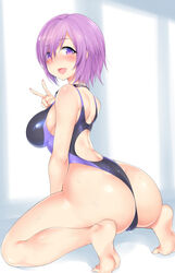 1girls ass barefoot blush breasts fate/grand_order fate_(series) feet female full_body kneeling looking_at_viewer looking_back mash_kyrielight shielder_(fate/grand_order) short_hair smile solo sweat swimsuit v yomomirin