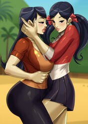 2girls asian asian_female black_hair blush breasts_bigger_than_head cartoon_network clothed clothing emma_(tdi) female female/female female_only fresh_tv hug huge_breasts human human_only incest kitty_(tdi) leg_between_thighs light-skinned_female light_skin long_hair outdoors outside pinup red_shirt sisters skirt teletoon the_ridonculous_race thick_ass total_drama_island twincest twins twintails xkorner yuri