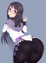 1girls :o against_wall akemi_homura ass ass_focus bent_over big_ass black_eyes black_hair black_pasties blush breasts cameltoe female female_focus female_only glasses looking_at_viewer looking_back magical_girl mahou_shoujo_madoka_magica megane open_mouth panties panties_under_pantyhose pantyhose purple_eyes purple_shirt red-framed_eyewear red-framed_glasses red_glasses simple_background skirt skirt_lift solo solo_female solo_focus thick_thighs thighs underwear wide_hips yomomirin