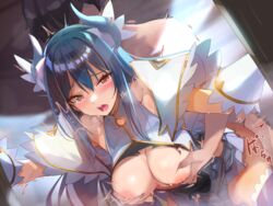 1boy 1girls bangs blue_hair blush breast_grab breasts breasts_out brown_eyes clothed_female_nude_male clothed_sex clothes_pull ddolggol dress dress_pull elbow_gloves female gloves grabbing horns large_breasts leaning_forward long_hair looking_at_viewer nipples nude open_mouth princess_connect! rei_(princess_connect!) sex shijō_rei straight tearing_up thighhighs thighs