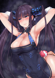 1girls apron apron_only armpits ass big_breasts blush blushing breasts eyebrows_visible_through_hair fate/grand_order fate_(series) female hair_ornament horns large_breasts looking_away smoke steamy_armpits sweating thick twintails yang_guifei_(fate/grand_order) yomomirin