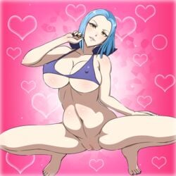 arete_(fire_emblem) bare_arms bare_legs bare_shoulders barefoot bikini black_nails blue_bikini blue_hair blush bottomless breasts cleavage covered_erect_nipples feet female fire_emblem fire_emblem_fates heart highres huge_breasts legs looking_at_viewer micro_bikini milf nail_polish navel nintendo no_panties parted_lips partially_visible_vulva seductive_smile short_hair simple_background smile solo squatting swimsuit thighs toes underboob yellow_eyes yuki_(12cut)